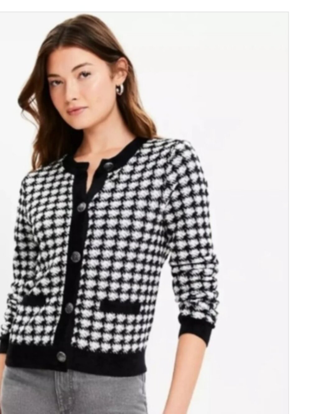 LOFT Black and White with Metallic Houndstooth Knit Cardigan size S